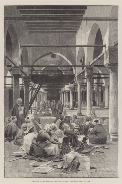 Interieur van de Moskee van El-Azhar, Caïro, bespreking van de campagne door Charles Auguste Loye